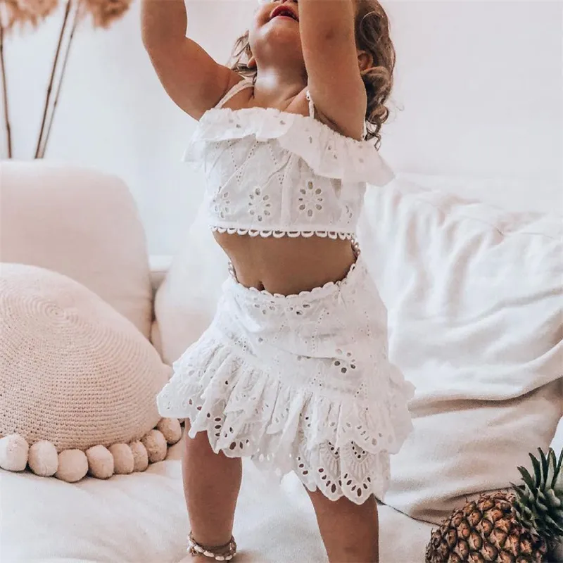 2024Summer Toddler Girl White Lace Outfits, Ruffle Camisole + A 2024Summer Toddler Girl White Lace Outfits, Ruffle Camisole + A