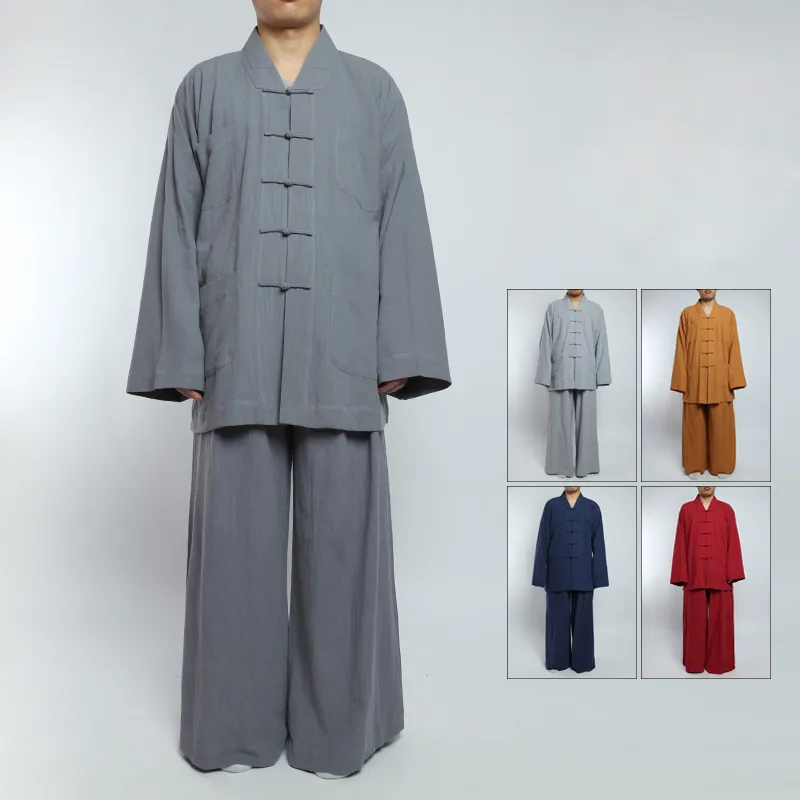 Unisex sommar bomullslinen shaolin munk lekar buddha buddhist zen kläder kampsport wushu kung fu uniformer röd/grå