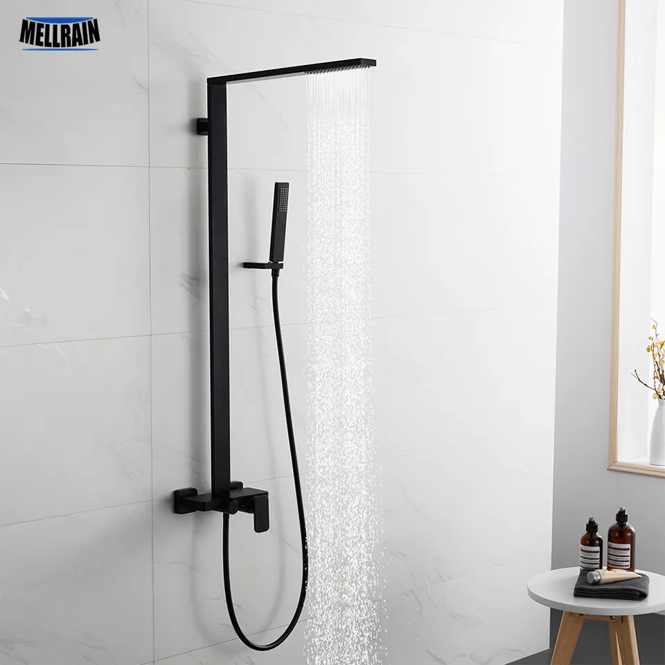 最小限のデザインブラックバスシャワーセットソリッドブラス3モードバスルームシャワー蛇口スクエアレインシャワーヘッドキット。