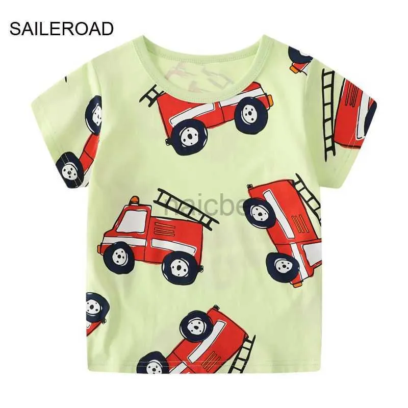 T-Shirts Saileroad 2024 Neues Sommer T-Shirt Baumwolle Kurzarm Cartoon Feuerwehrwagen T-Shirts Kinder Tee Tops Jungen Kinder Kleidung 240410