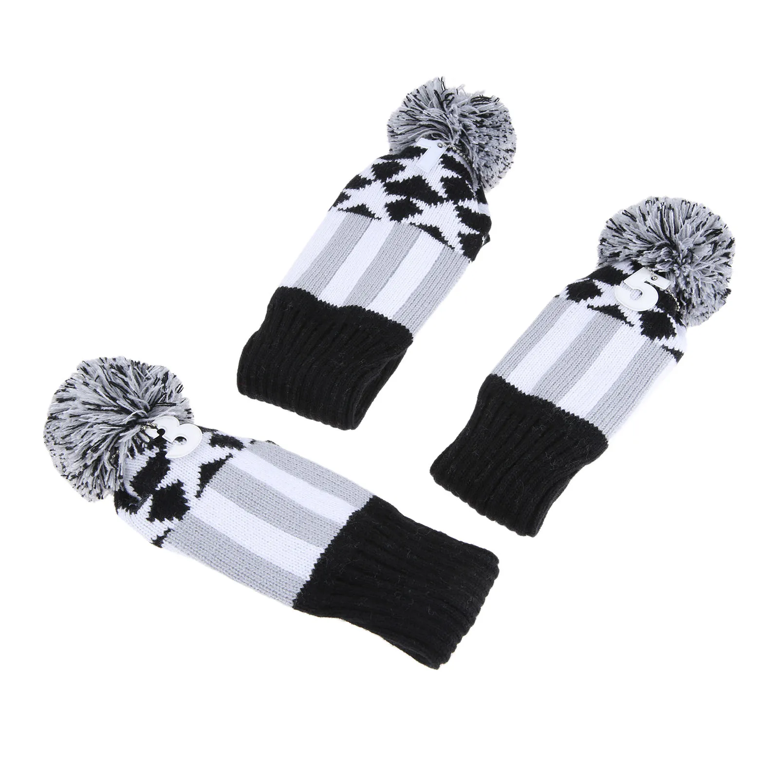 3-Piece Pom Pom Knit Headcover Set - Long Neck Driver And Fairway Woods Covers, Fun Golf Club Head Covers