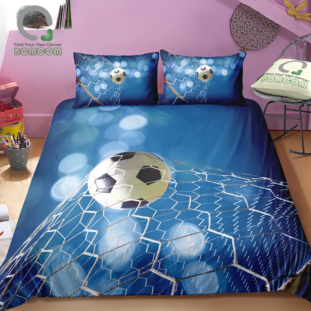 BOMCOM 3D Digital Printing Football Bedding Set Soccer Ball in Goal Net Duvet Cover Sets 100% Microfiber Dark Blue