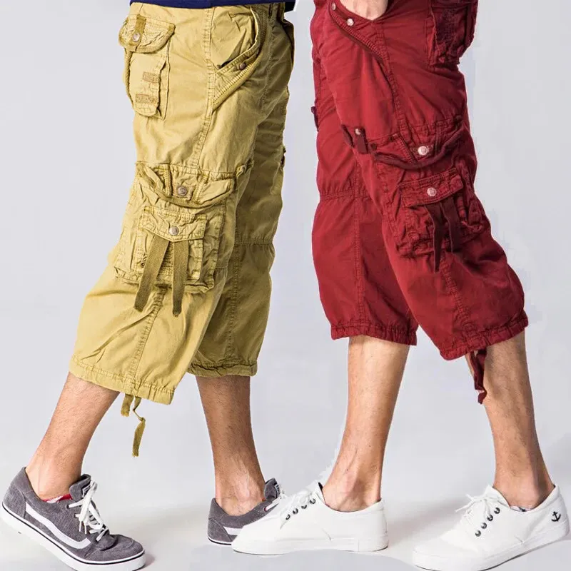 42 40 Plus -storlek Fashion Multi Pocket Cotton Loose Capripantsmen Long Cargo Shorts Baggy 34 Pant Red Khaki Olive Green Grey 240410