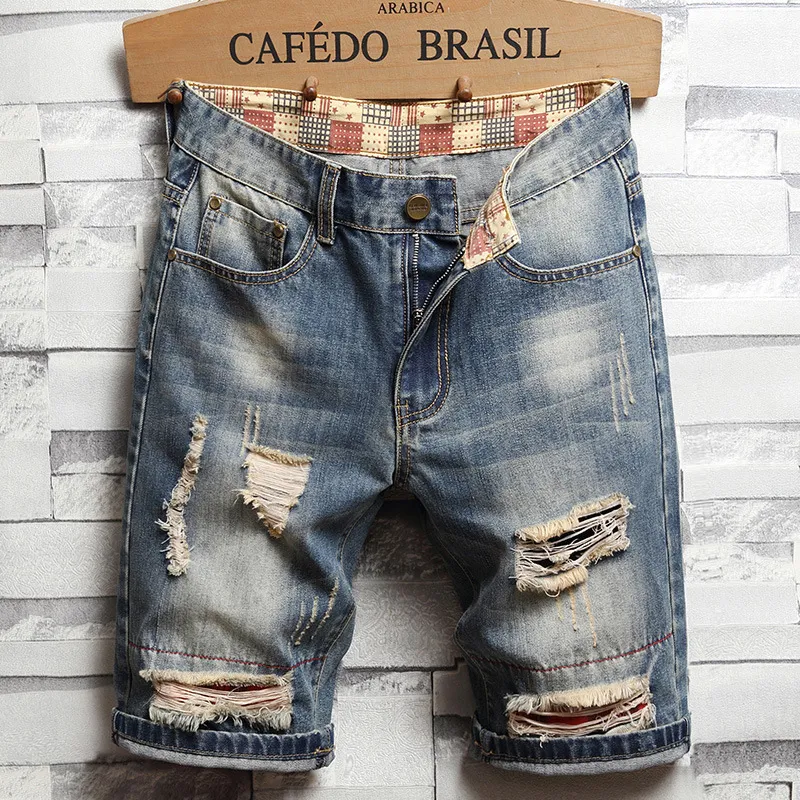 Yaz kot pantolon denim şort erkek tasarımcı kot pantolon yüksek kalite 44 büyük boy retro delik yürüyüş pantolon yırtık yırtık yırtık hip hop cadde moda nakış patchwork şort