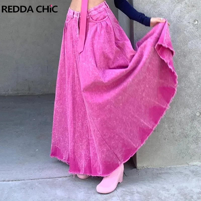 Skirts REDDACHiC Y2k Women Pleated Denim Maxi Skirt Pink Tie Dye High Waist Tall Girl Floor Long Jeans Korean Dongdaemun Clothing