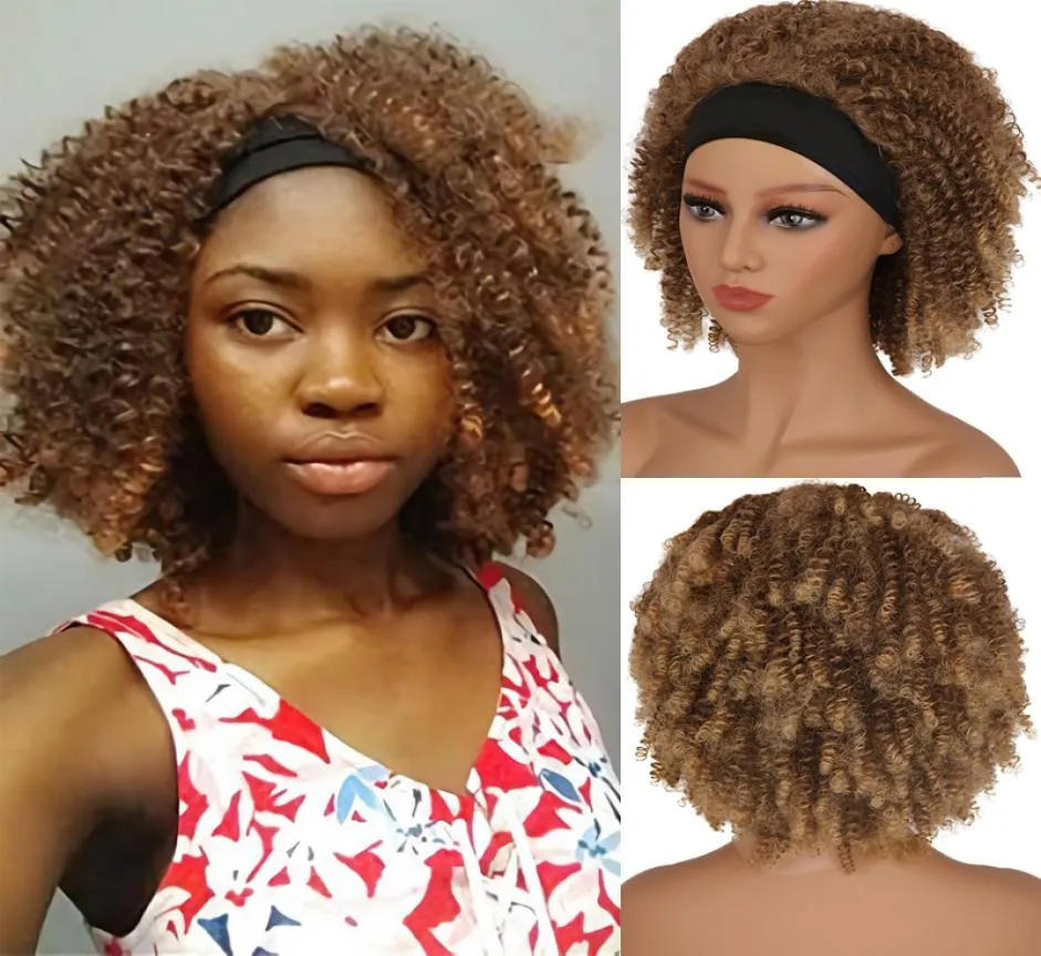 Siyah kadınlar için kafa bandı peruğu sentetik afro kinky kıvırcık peruklar kısa kabarık kahverengi peruk Günlük useFactory Direc5617661 için ısıya dayanıklı saç