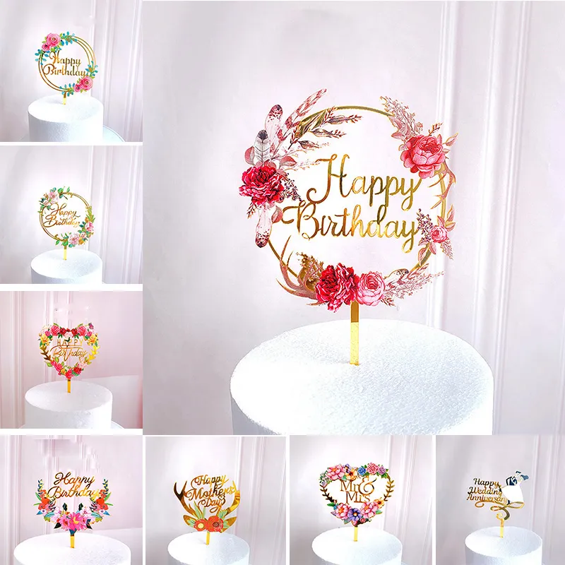 Elegant Rose & Gold Happy Birthday Cake Topper - Acrylic Floral Cake ...