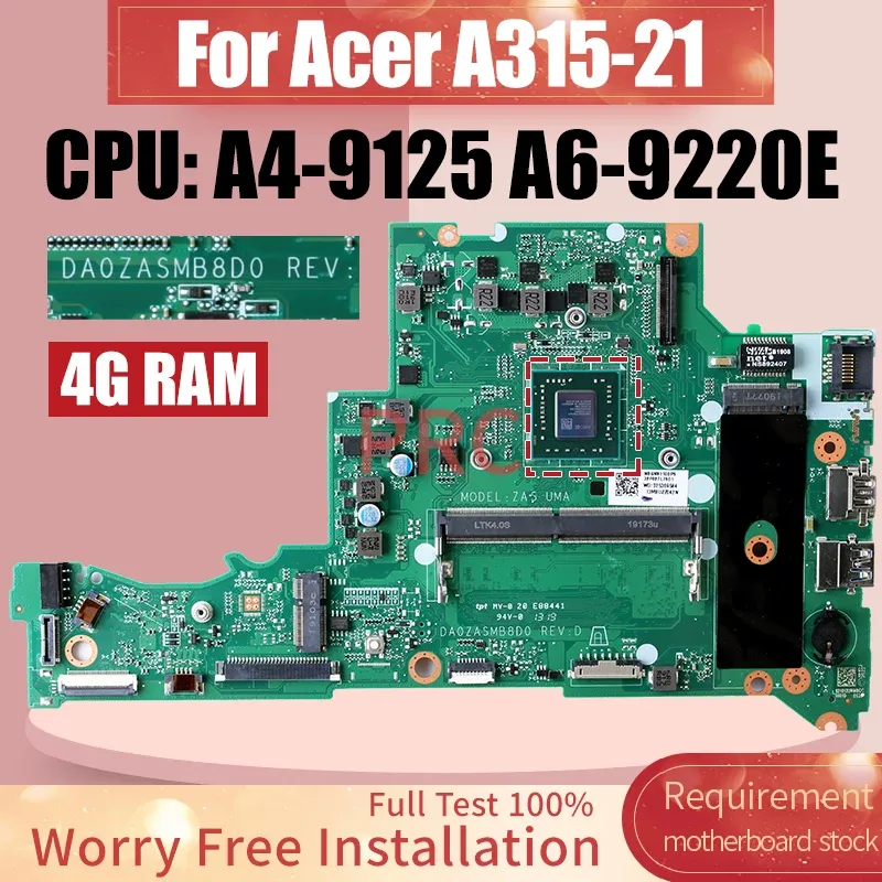 Moderkort DA0ZASMB8D0 för ACER A31521 Laptop Motherboard A49125 A69220E RAM 4G NBGNV1100P NBGNV1100N NBGNV1100U Notebook Mainboard