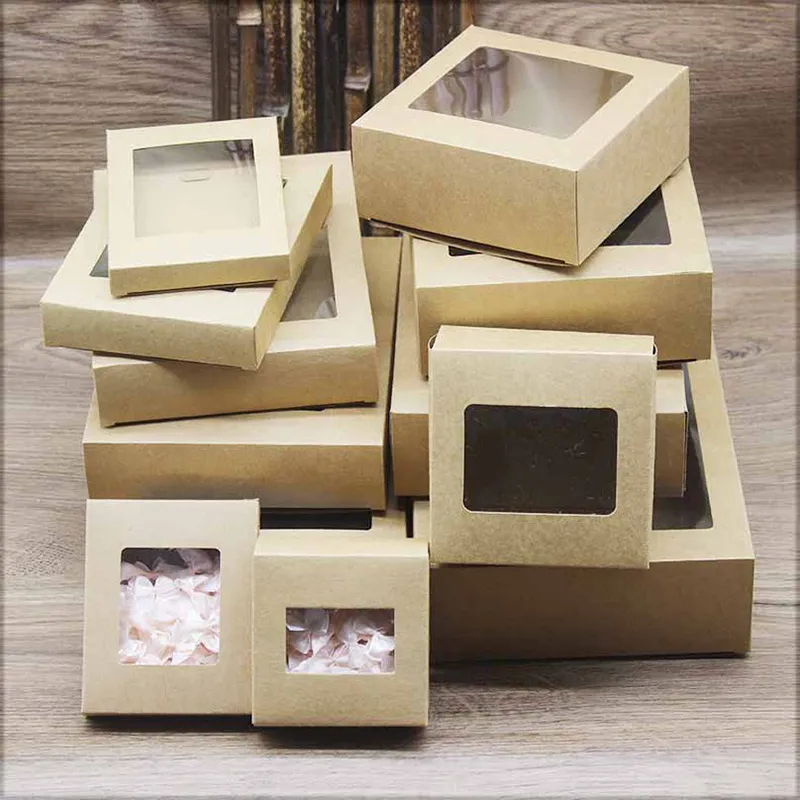 30st White Kraft Paper Presentlåda med PVC Window Diy Handmade Christmas Party Wedding Candy Muffin Favors Packing Decoration