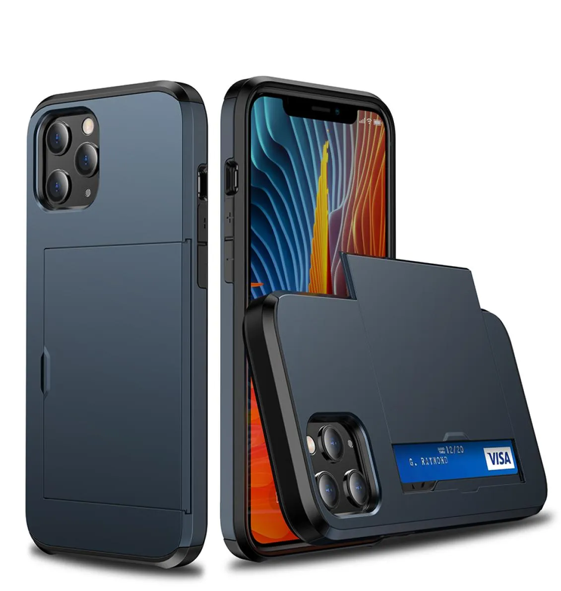 デュアルレイヤークレジットカードホルダーソフトTPUハードPCショックプルーフ電話ケースiPhone 14 13 12 Mini 11 Pro XS Max XR 7 8 Plus Samsung S4253531