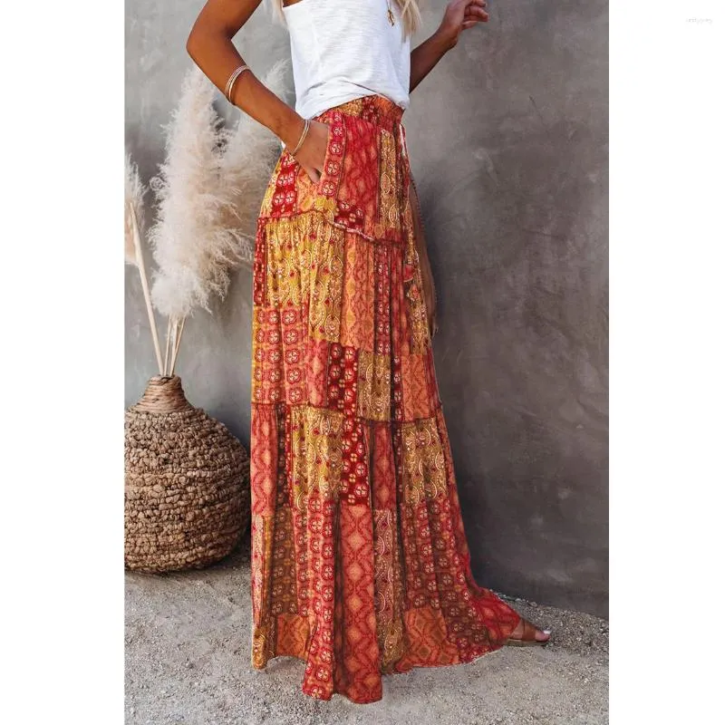 Boho Maxi Skirt High Waist Long Skirt for Women, Bohemian Style, Elastic  Waist, Pocket Detail, Perfect for Summer Beach Holidays