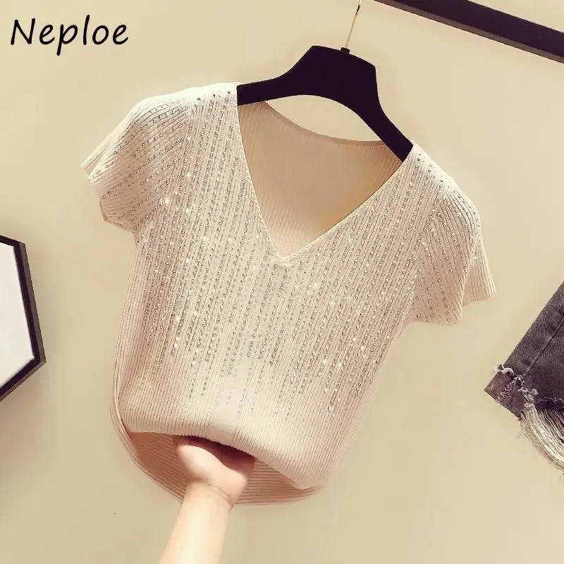 Neploe Rhinestone Knitting Womans Womans Tops Sweter z krótkim rękawem Pullover Women 2024 Summer Sexy Cropped Top T-shirts 240410