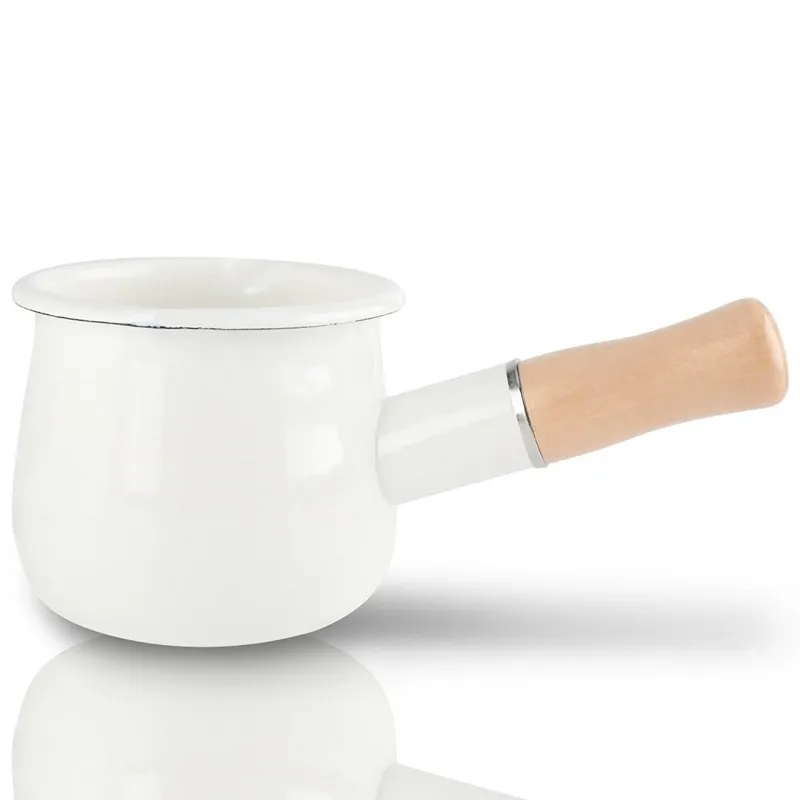 Vendita calda latte smalto, mini caloroso al burro da 10 cm con pentola casseruola con manico in legno, dimensioni perfette il riscaldamento