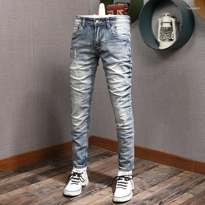 Herren Jeans Modedesigner Männer Retro gewaschen hellblau elastischer Stretch Slim Fit Ripped Printd Vintage Jeanshose Hombre