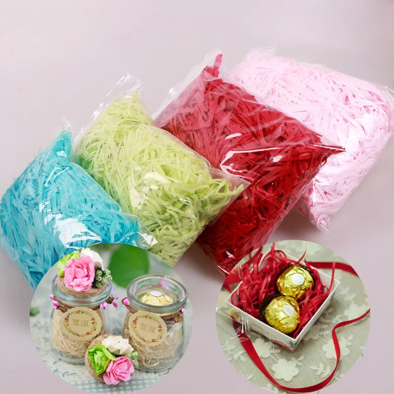 100g/Lot Colorful Raffia Shredded Paper Presentlåda Förpackning Bröllopsfest Candy Present Box Filling Material Födelsedagsfest Dekoration