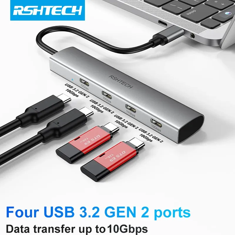 HUBS RSHTECH 10GBPS USB C HUB 4 PORTS USB C TOT USB 3.2 Gen 2 Splitter Portable Multiport Expander voor Laptop MacBook Chromebook