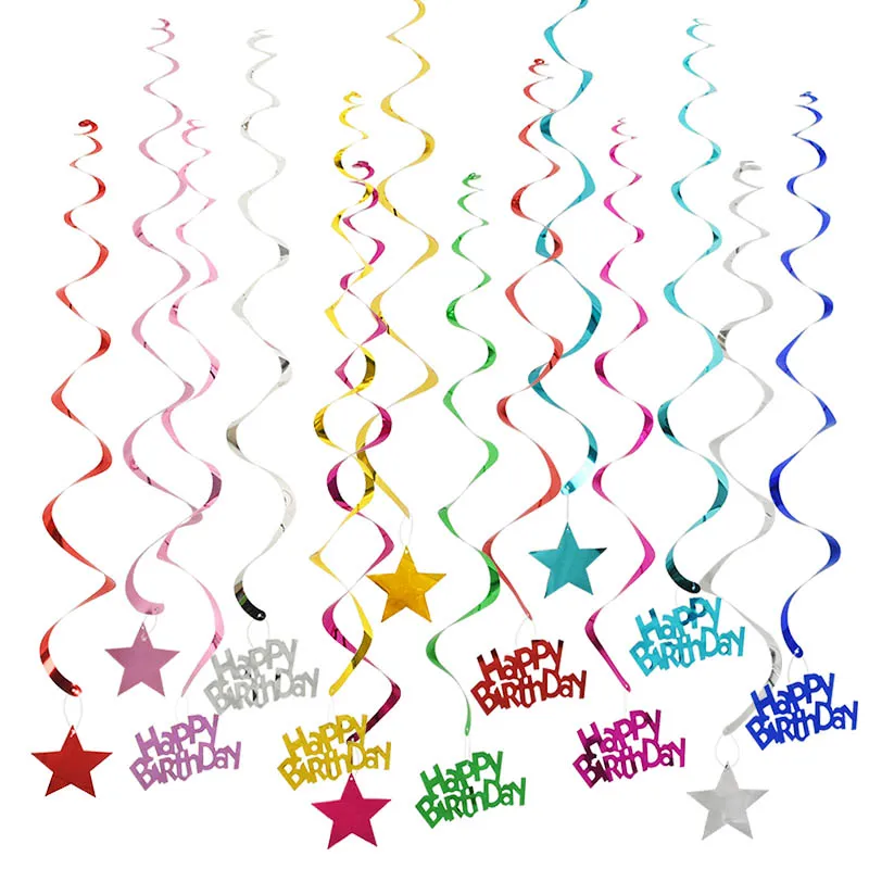 6pcs/conjunto de feliz aniversário Banner de espiral teto pendurado decoração estrela Garland PVC Swirl Banner for Kids Birthday Party Decoration