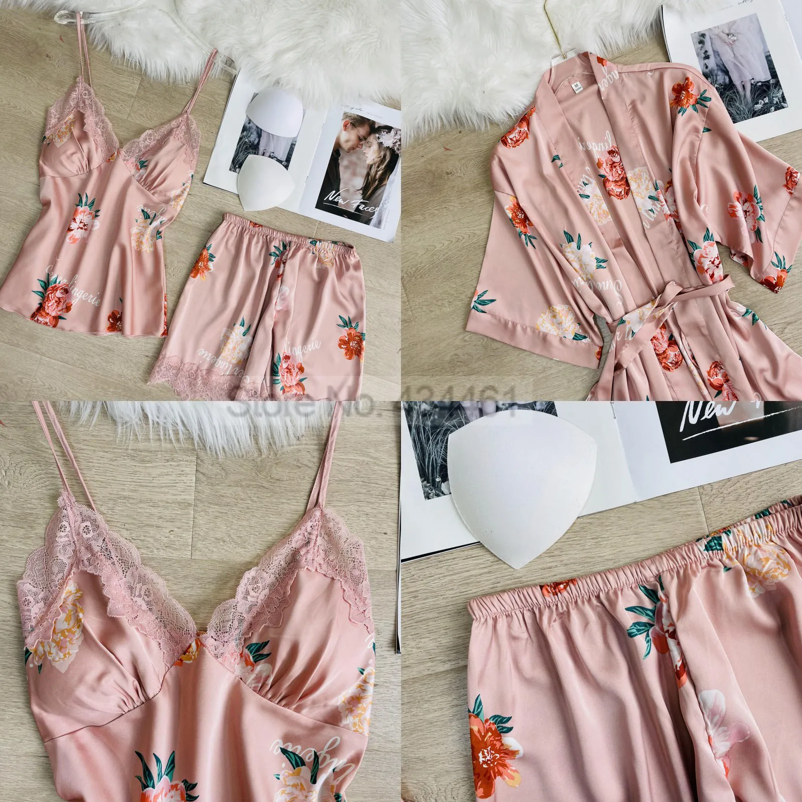 Lace Sleepwear Print Flower Female Nightwear Pajamas Suit With Shorts Satin Loungwear Patchwork Kimono Robe Gown Sexy Pyjamas