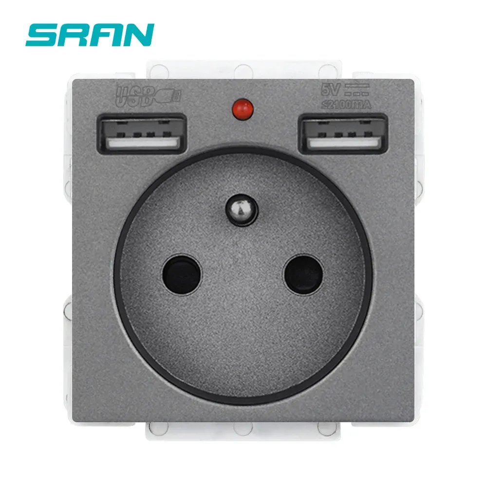 SRAN A6 Series Gray Glass Panel Wall Switch EU French Power Socket USB 3pins 5pins TV RJ45 Module DIY,Suitable for square boxes