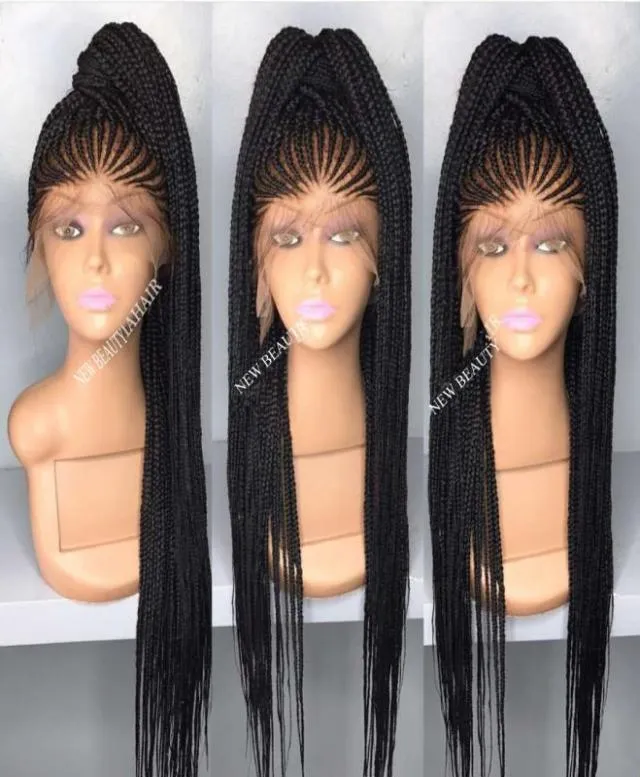 Perruque Long Cornrow Traided Synthetic Lace Lace Front Perruques BlackbrownColor Micro Traids avec des cheveux pour bébé résistant à la chaleur pour l'Afrique AME3677157