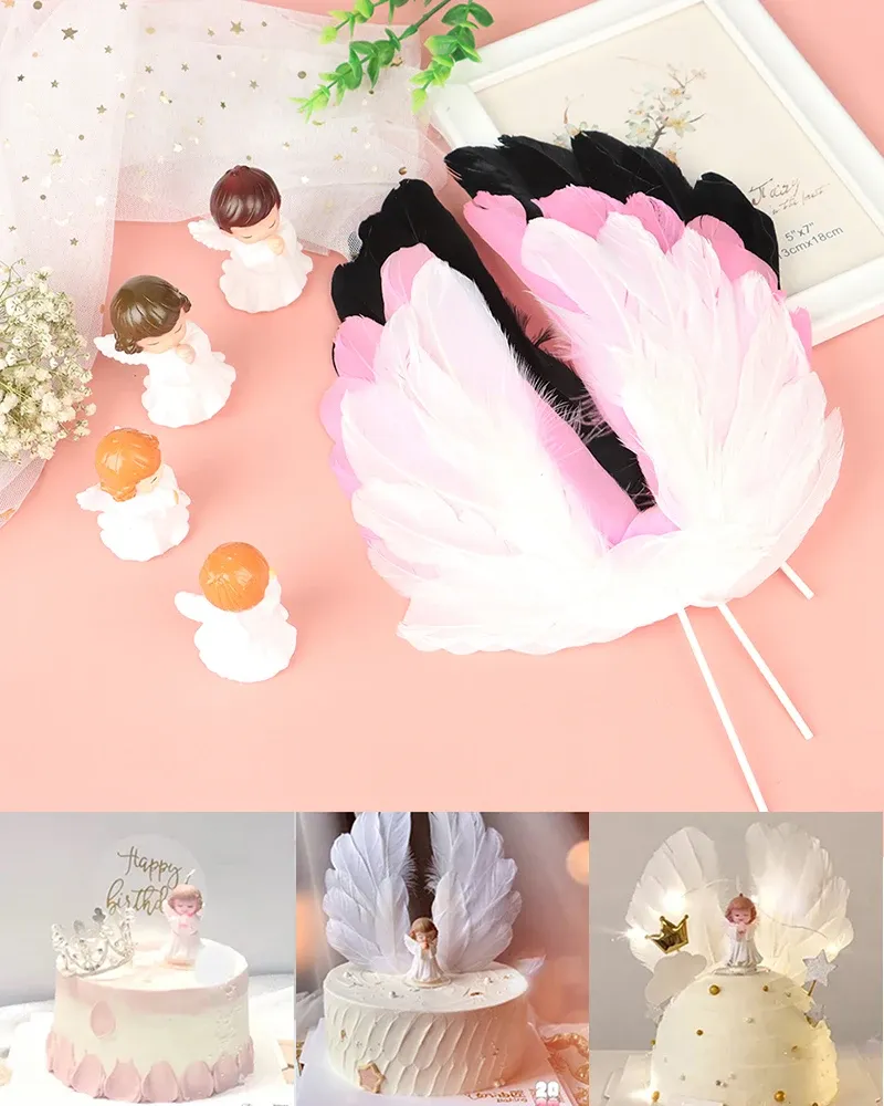 Ik wens Angel Feather Wing Flag Cake Toppers voor bruiloftsfeest schattige baby verjaardagstaart decor dessert tafelkleding ornamenten