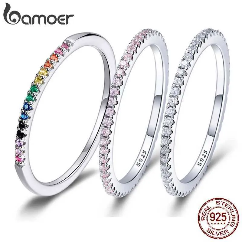 Band Rings Bamoer 925 Sterling Silver CZ Simulated Diamond Stackable Ring Platinum Galvanized Eternal Ring J240410