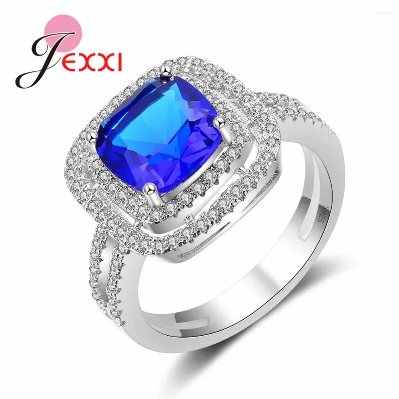 Cluster anneaux de luxe carré en cristal bleu engagement de mariage avec des femmes en zircone cubique 925 Anneau en argent sterling pour les bijoux pour dames