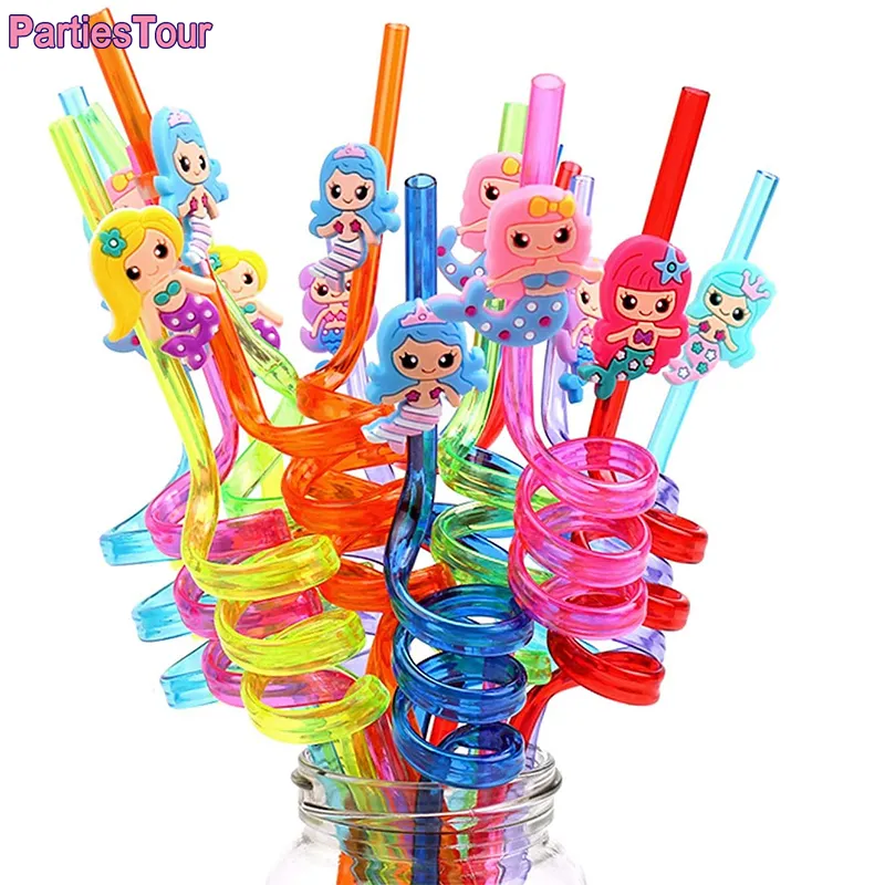 8pcs Mermaid موضوع الحفلة Decors Mermaid Tail Straws قابلة لإعادة الاستخدام البلاستيك حيوان شرب القش قش دش الطفل لوازم حفلات الديناصورات