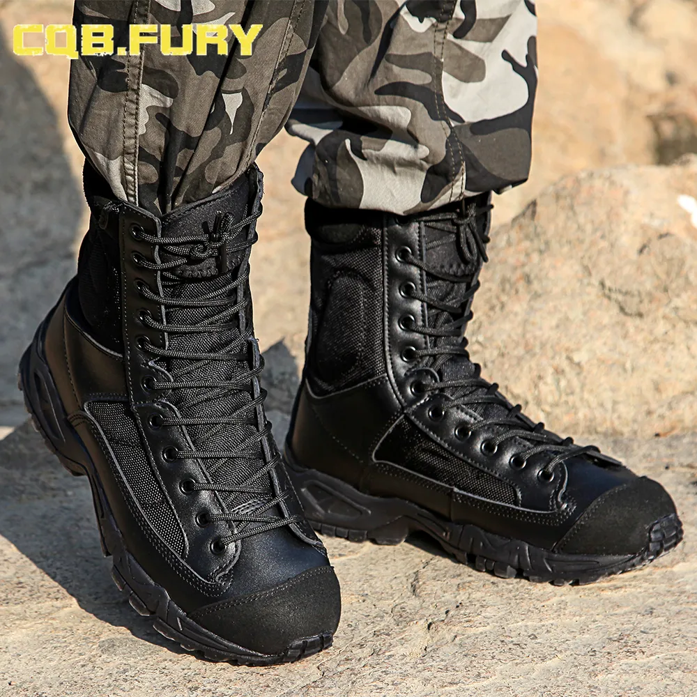 CQB.FURY Men s Genuine Leather Tactical Boots Ankle Strap Black Combat Military Breathable Boots for Outdoor Hiking Size 38 46