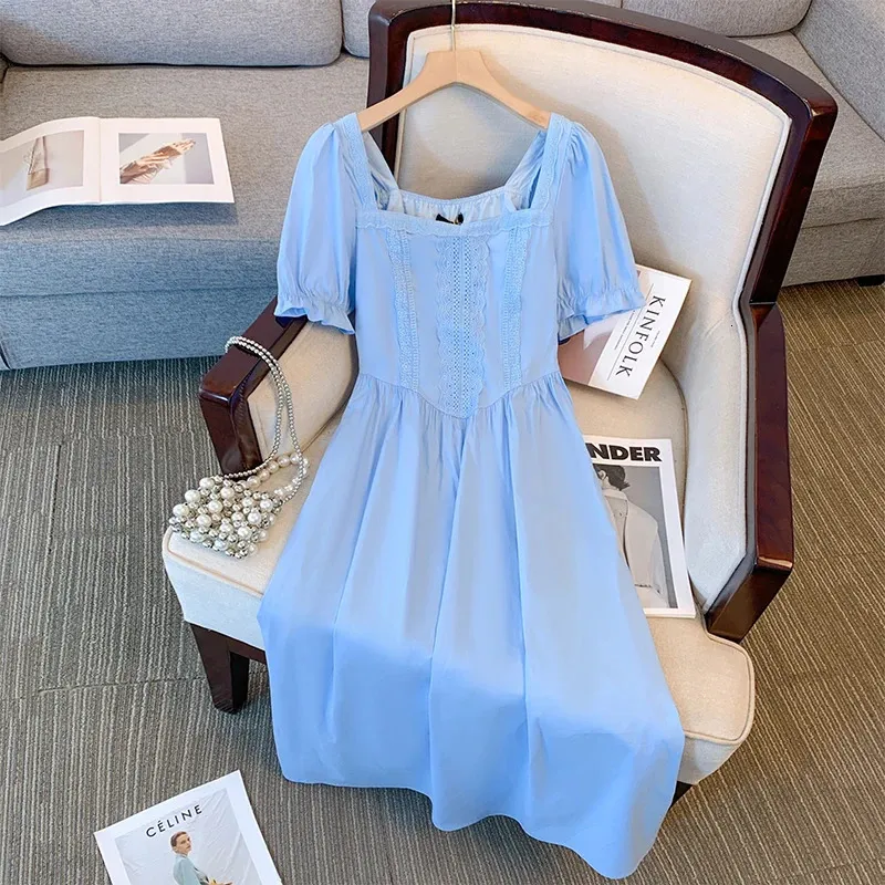 Plussize Womens Summer Summer Dress Dress Lace Chaking Blue Cotton Long Long مع بطانة للراحة الودية للبشرة 240410
