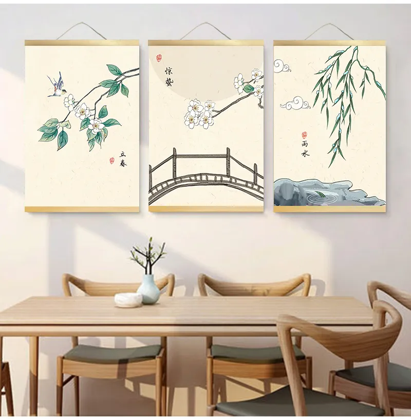 Pianta cinese paesaggio paesaggio quadro decorativo in tela dipinto di poster wall arte con rotoli appesi in legno per soggiorno