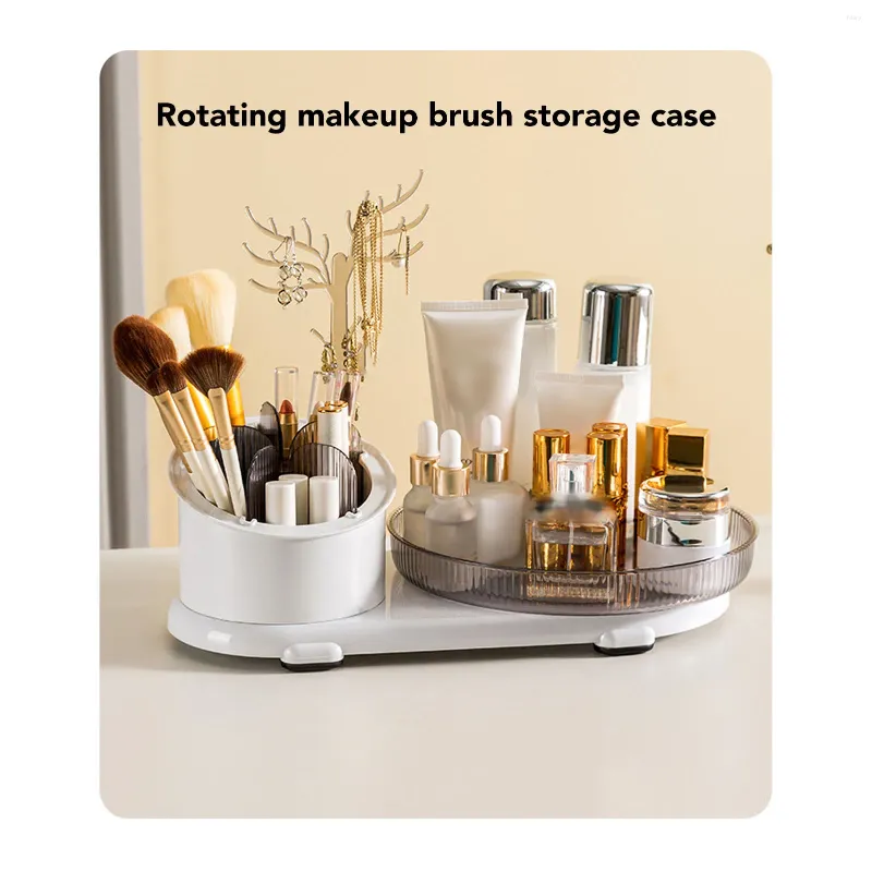 Boîtes de rangement 1pc Organisateur de maquillage à 360 degrés Brosse rotative Brouste Bijoux Affiche Plateau de bureau pour Cosmetics Skincare