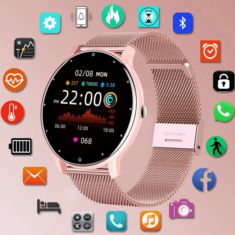 Bekijkt 2022 Smart Watch Ladies Full Touch Screen Sport Fitness Watch IP67 Waterdichte Bluetooth voor Android iOS Smart Watch Vrouw