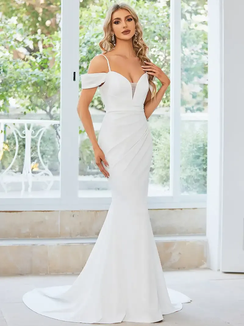 champagne mermaid wedding dresses Mermaid Champagne Wedding Dress V-Neck Lace Glitter Champagne / US:4-6