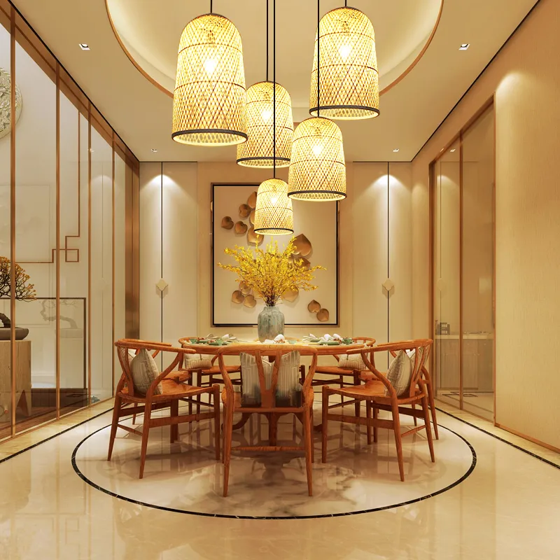 Modern ny kinesisk handgjorda bambu ljuskrona fågel bo lampskärm hotell säng och frukost gångväg ledde hem lampan