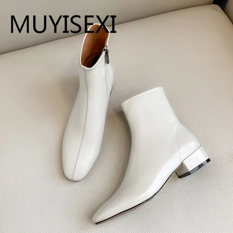 Genuine Leather Low Square Heel Ankle Boots 4cm Round Toe Office Wedge Shoes For Women In Black Beige And Nude MING01 MUYISEXI From Factory Tbtgol shoes Bulk 72.4 DHgate.Com