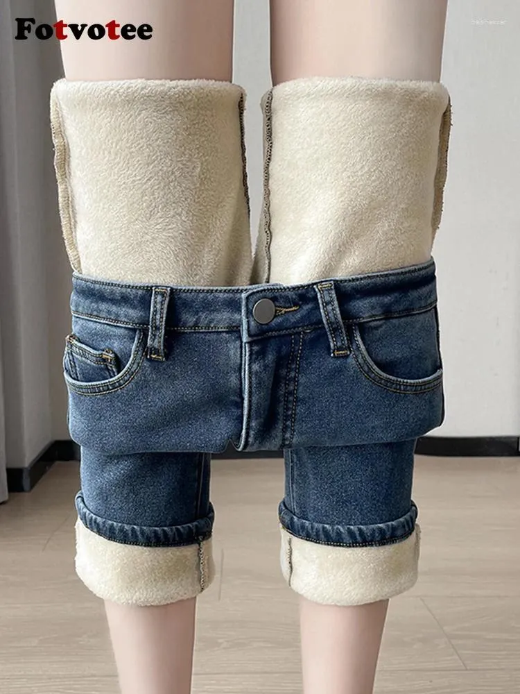 Dżinsy damskie Fotvotee Velvet zagęszcza mama ubranie odzieży wysoko taliny prosta streetwear vintage jesienna zima 2024 spodnie kostki