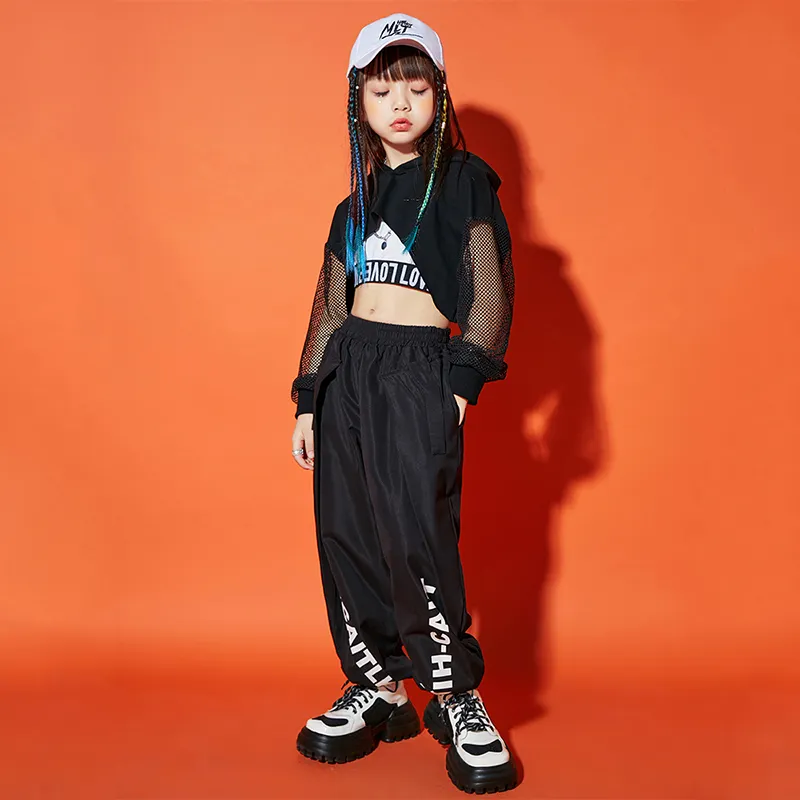 Modern Caz Dans Kıyafetleri Kızlar Kapşonlu Mahsul Üstler Pantolon Hip Hop Kids Konser Performans Kostümü Siyah/Beyaz Kpop Kıyafet Bl8874