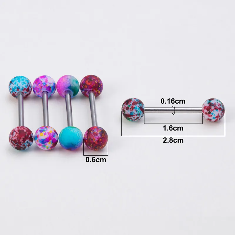 5pcs spray paint Acrylic Tongue Piercing Barbell Nipple Ring Surgical Steel Bar Colorful Tongue Ring Retainer Stud Jewelry 14G