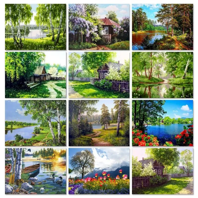 Gatyztory Picture by Numbers Landscape Nature Spring Oil Painting Toile Painting Kit Handpainted House Dessin For Home 40X50CM