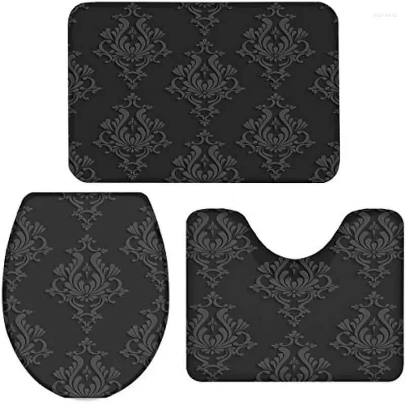 Tapis de bain brun tapis de salle de bain 3 pièces régler le motif d'art damassé floral de la salle de bain sans glissement.