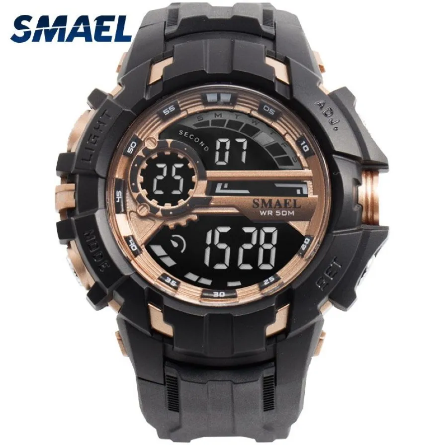 Watch Digital Men Sports Watches Smael à prova d'água Relogio Montre Thock Black Gold Big Clock Men Automático 1610 Men Wtach Military290G