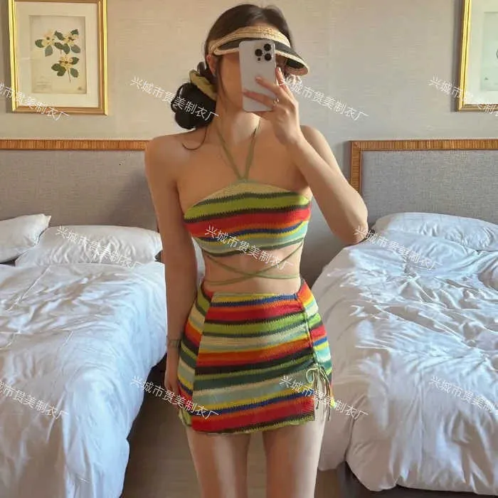 Koreanische Version von New Sweet and Spicy Girl Stricker kontrastierender Hals Split Badeanzug dreiteils Set Bikini Beach Urlaub GRW2