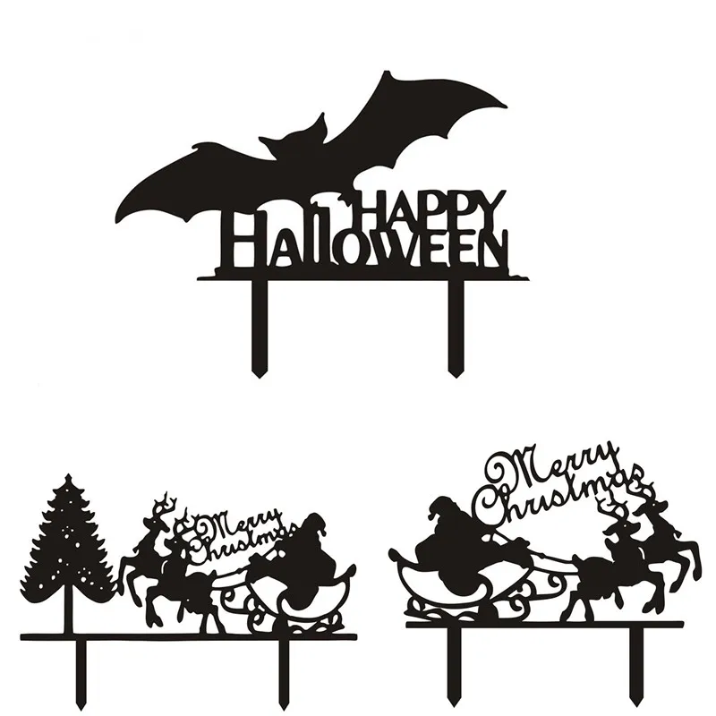 Happy Halloween Merry Christmas Acrylic Cake Flags Black White Cake Topper For Xmas Halloween Party Cake Decor Supplies