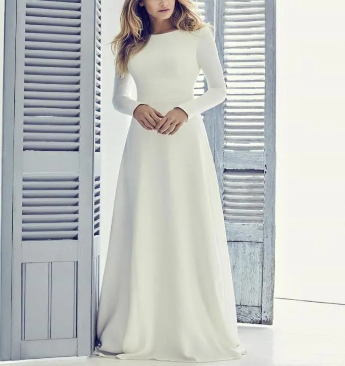 Crepe Aline Modest Wedding Dress With Long Sleeves Jewel Neck Coverd Back Short Train Women Informal Bridal Gown2633740