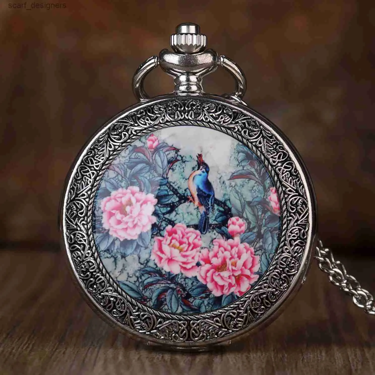 Pocket Watches Vintage Silver Quartz Fob Pocket Vivid Bird On the Tree with Exquisite Flowers patterns Necklace Pendant Pocket es Y240410