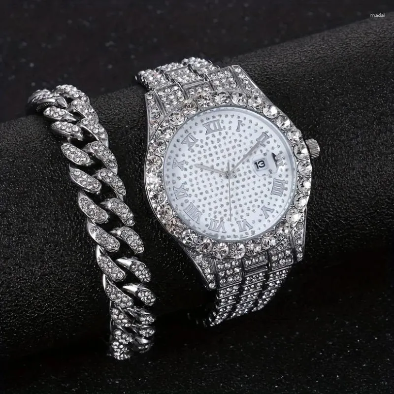 Orologi da polso alla moda hip-hop bracciale cubano in acciaio maschile set di orologi diamanti