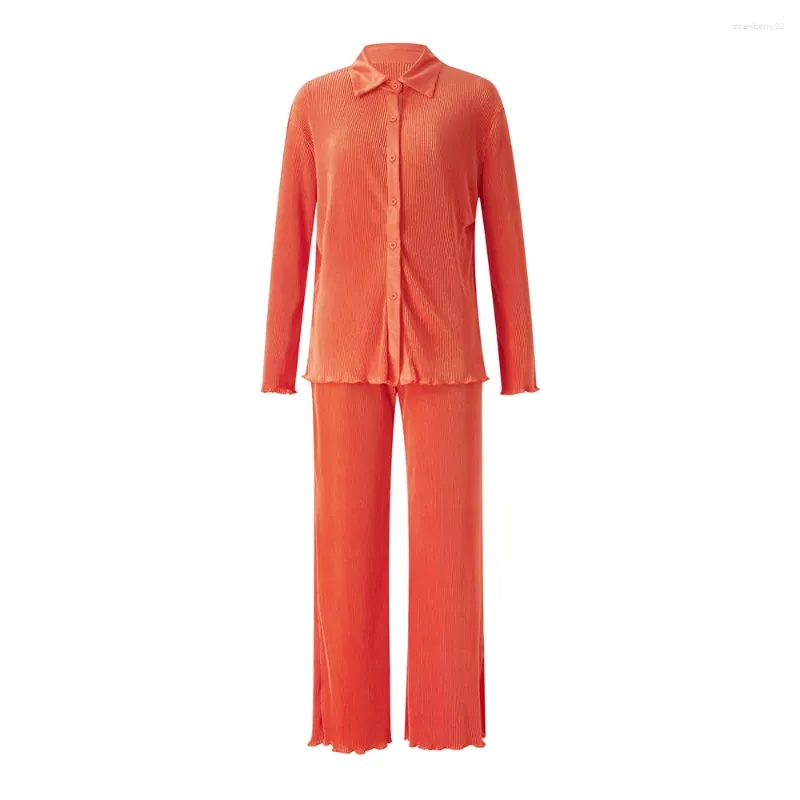 Tweedelige broek voor dames vrouwen casual slijtage pakken vaste kleur ruches trim revers knop met lange mouwen shirt tops en los brede poot 2 stks