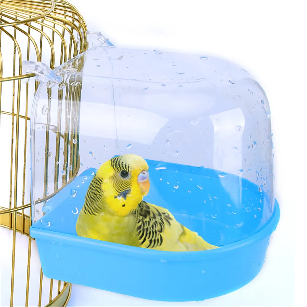 Bird Bath Transparent Window Small Parrot Cage Accessories Hanging Shower Bathtub Large Water Food Holder Parakeet Perch Toys