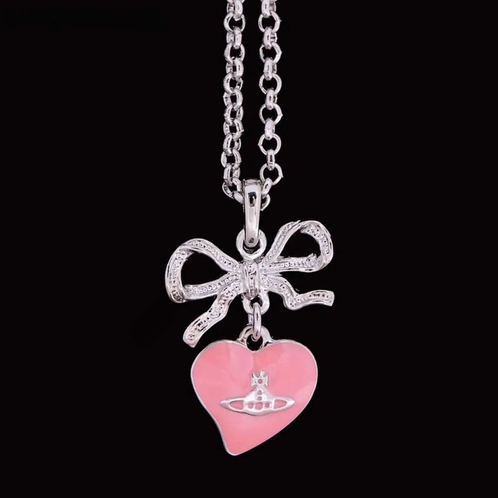 Designer Viviane Westwood 24 New Western Empress Dowager Bow Pink Love Necklace Light Luxury Girl Saturn Heart Shaped Collar Chain